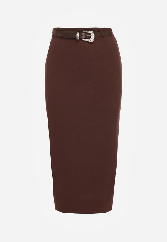 Brązowa Ołówkowa Spódnica z Wiskozą Zdobiona Rozcięciem i Paskiem Rowedela 6