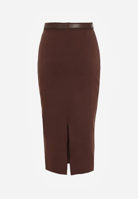 Brązowa Ołówkowa Spódnica z Wiskozą Zdobiona Rozcięciem i Paskiem Rowedela 7