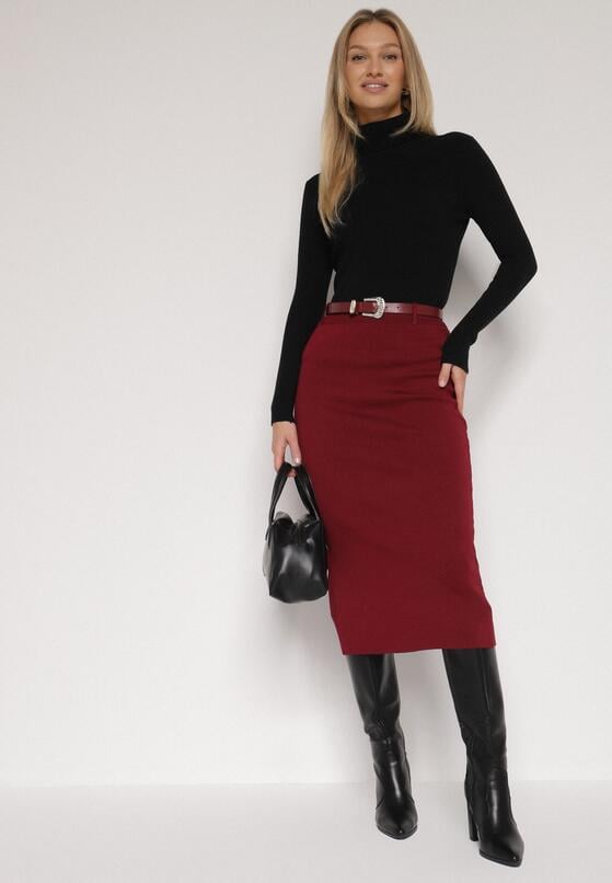 Bordowa Ołówkowa Spódnica z Wiskozą Zdobiona Rozcięciem i Paskiem Rowedela 2
