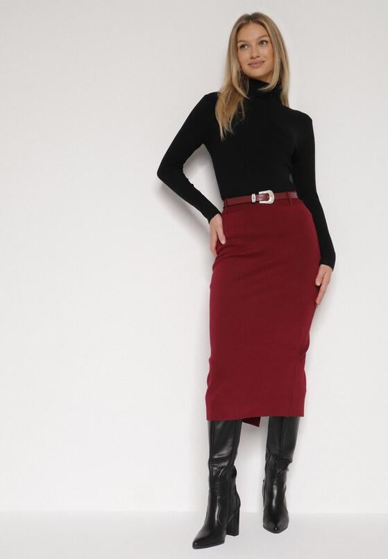 Bordowa Ołówkowa Spódnica z Wiskozą Zdobiona Rozcięciem i Paskiem Rowedela 4
