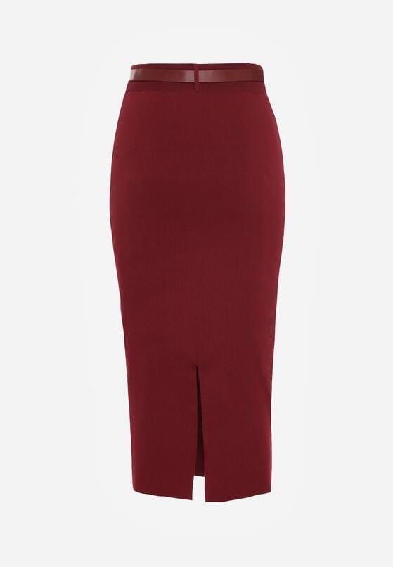 Bordowa Ołówkowa Spódnica z Wiskozą Zdobiona Rozcięciem i Paskiem Rowedela 7