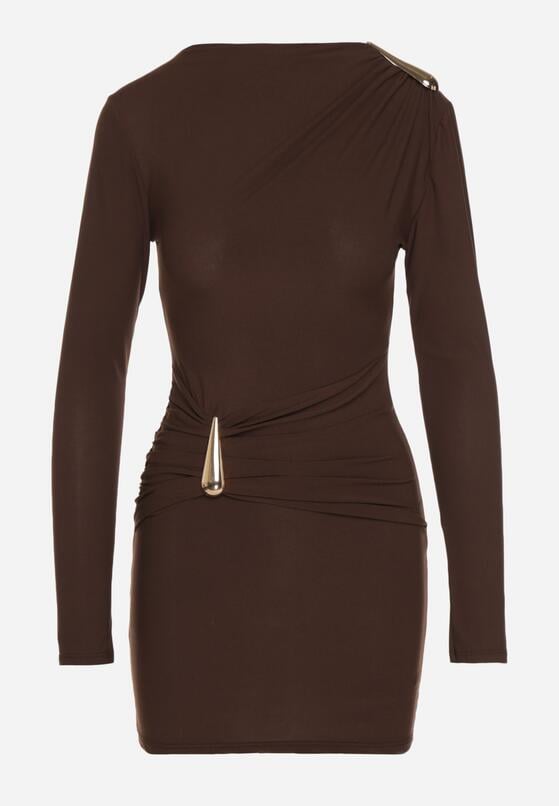 Brązowa Dopasowana Sukienka Ozdobiona Metalicznymi Aplikacjami Vetimala 6