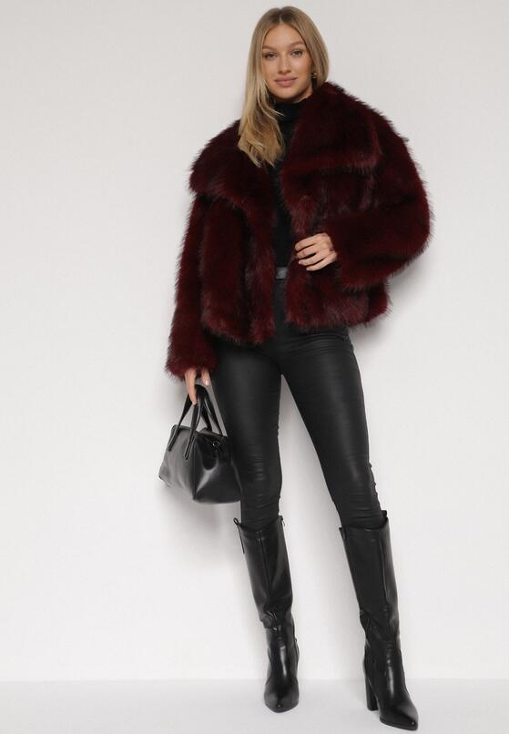 Bordowa Kurtka Futerko z Szerokim Kołnierzem Vertilira 2