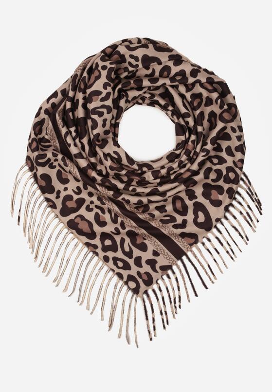 Brązowy Panterkowy Szalik z Wiskozy Zdobiony Frędzlami Ferenea 1