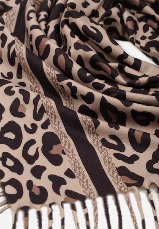 Brązowy Panterkowy Szalik z Wiskozy Zdobiony Frędzlami Ferenea 2