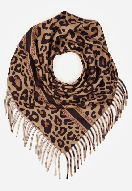Ciemnobrązowy Panterkowy Szalik z Wiskozy Zdobiony Frędzlami Ferenea 1