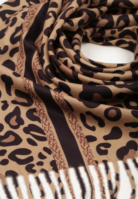 Ciemnobrązowy Panterkowy Szalik z Wiskozy Zdobiony Frędzlami Ferenea 2