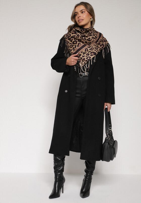 Ciemnobrązowy Panterkowy Szalik z Wiskozy Zdobiony Frędzlami Ferenea 2