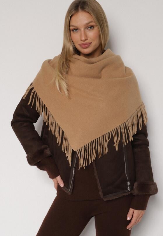 Brązowy Trójkątny Szalik z Wiskozy i Bawełny z Frędzlami Vetirala 1