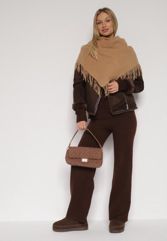 Brązowy Trójkątny Szalik z Wiskozy i Bawełny z Frędzlami Vetirala 2