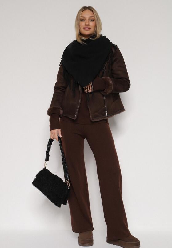 Czarny Gładki Szalik z Frędzlami Vetiela 2