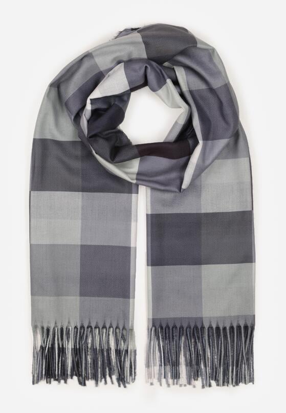 Czarny Szalik z Wiskozy z Frędzlami w Szeroką Kratę Califera 1