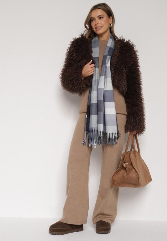 Czarny Szalik z Wiskozy z Frędzlami w Szeroką Kratę Califera 2