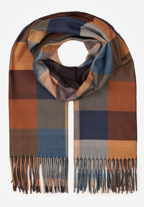 Brązowy Szalik z Wiskozy z Frędzlami w Szeroką Kratę Califera 1