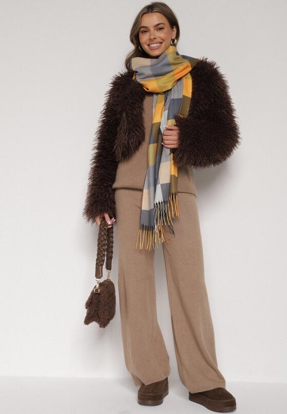 Żółty Szalik z Wiskozy z Frędzlami w Szeroką Kratę Califera 2