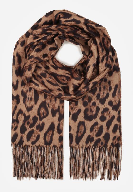 Brązowy Panterkowy Szalik z Wiskozy Zakończony Frędzlami Ferinda 1