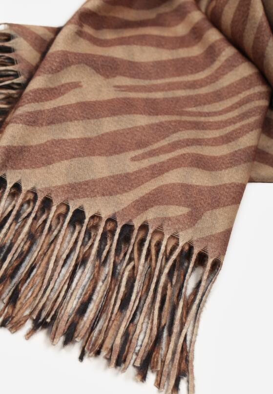 Brązowy Panterkowy Szalik z Wiskozy Zakończony Frędzlami Ferinda 2