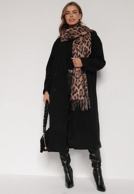 Brązowy Panterkowy Szalik z Wiskozy Zakończony Frędzlami Ferinda 2