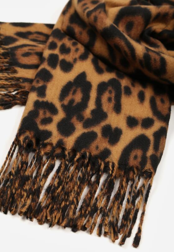 Brązowy Wiskozowy Szalik w Panterkę z Frędzlami Vetivada 2