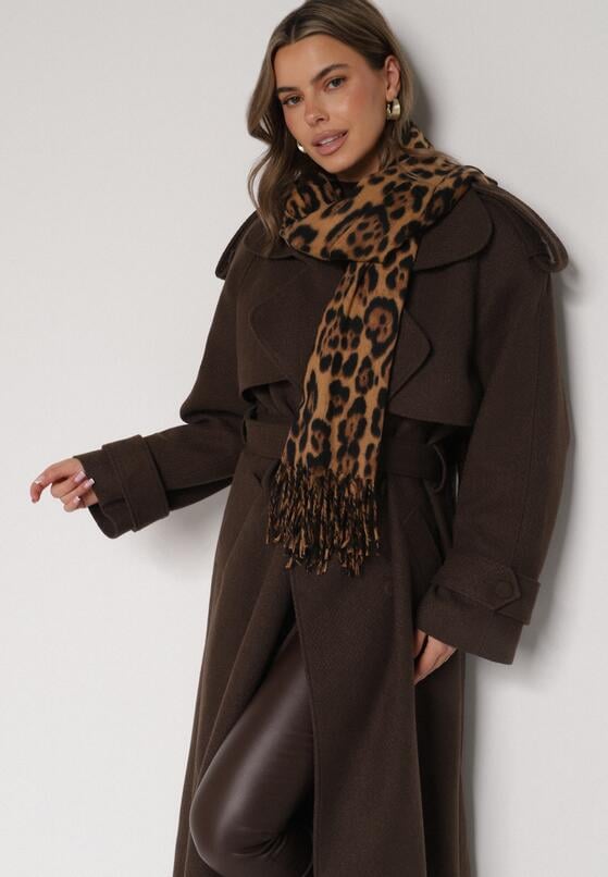 Brązowy Wiskozowy Szalik w Panterkę z Frędzlami Vetivada 1