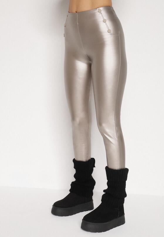 Szampańskie Legginsy z Ekoskóry z Guzikami Wysokim Stanem i Gumką w Talii Sintheria 1