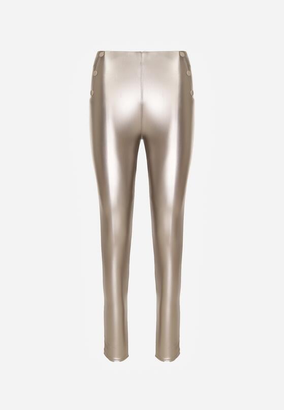 Szampańskie Legginsy z Ekoskóry z Guzikami Wysokim Stanem i Gumką w Talii Sintheria 6