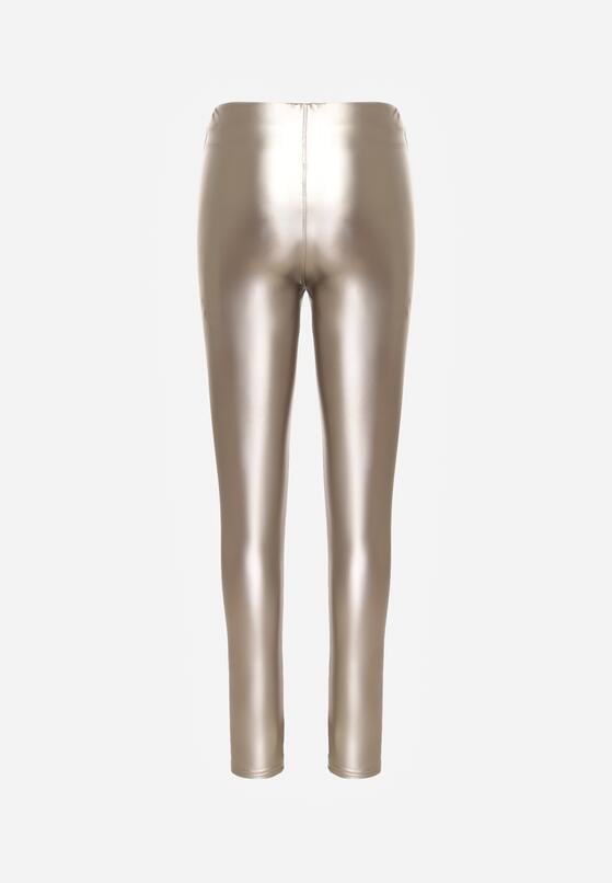 Szampańskie Legginsy z Ekoskóry z Guzikami Wysokim Stanem i Gumką w Talii Sintheria 7