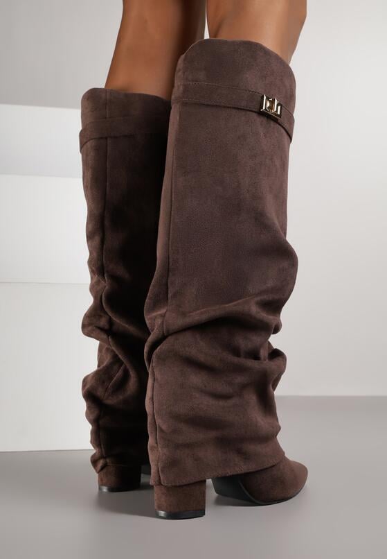 Brązowe Kozaki na Słupku z Marszczoną Cholewką Imitującą Nogawkę Rittia 3