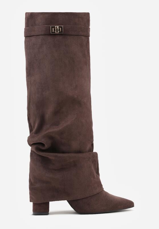 Brązowe Kozaki na Słupku z Marszczoną Cholewką Imitującą Nogawkę Rittia 4