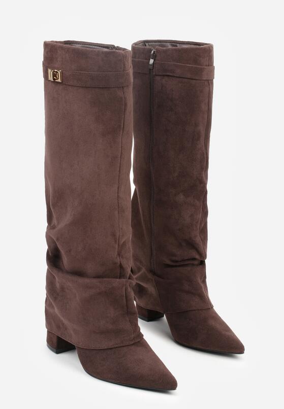 Brązowe Kozaki na Słupku z Marszczoną Cholewką Imitującą Nogawkę Rittia 5