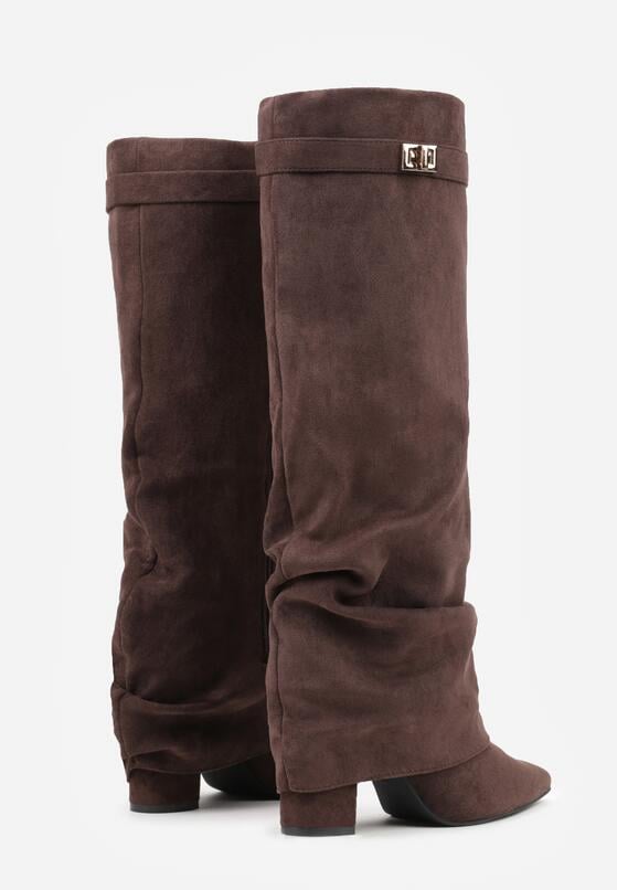 Brązowe Kozaki na Słupku z Marszczoną Cholewką Imitującą Nogawkę Rittia 7