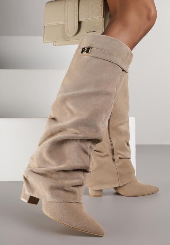 Ciemnobeżowe Kozaki na Słupku z Marszczoną Cholewką Imitującą Nogawkę Rittia 2