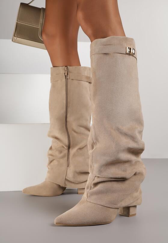 Ciemnobeżowe Kozaki na Słupku z Marszczoną Cholewką Imitującą Nogawkę Rittia 1