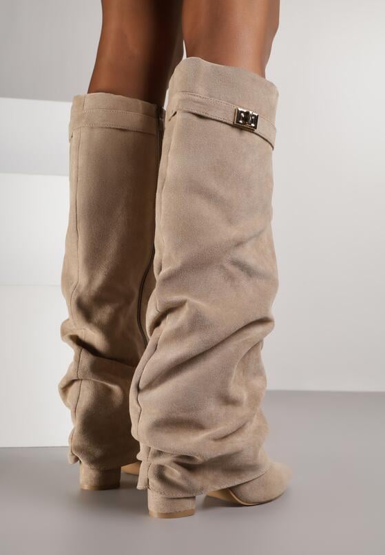 Ciemnobeżowe Kozaki na Słupku z Marszczoną Cholewką Imitującą Nogawkę Rittia 3