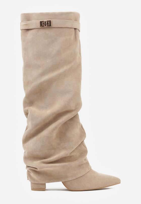 Ciemnobeżowe Kozaki na Słupku z Marszczoną Cholewką Imitującą Nogawkę Rittia 4