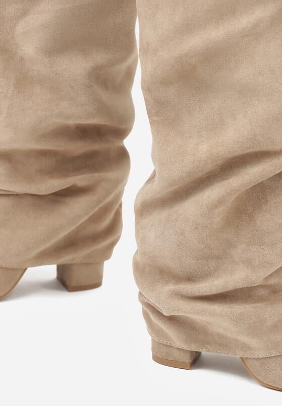 Ciemnobeżowe Kozaki na Słupku z Marszczoną Cholewką Imitującą Nogawkę Rittia 6