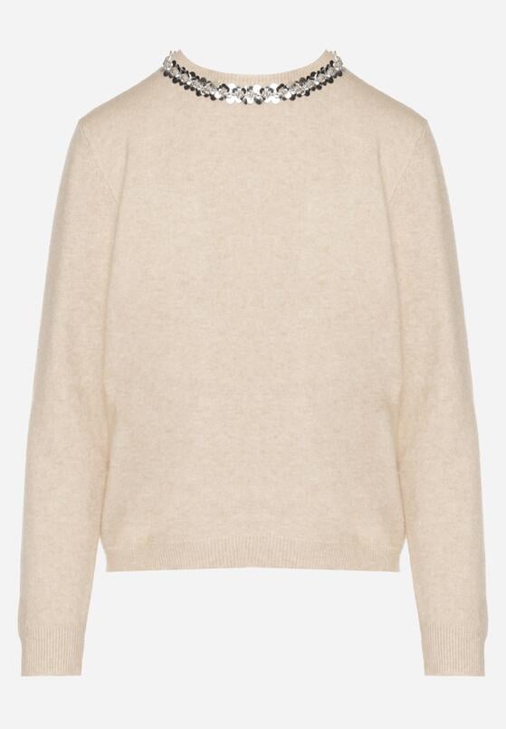 Beżowy Sweter z Dodatkiem Kaszmiru Ozdobiony Cekinami i Cyrkoniami Vetimona 6