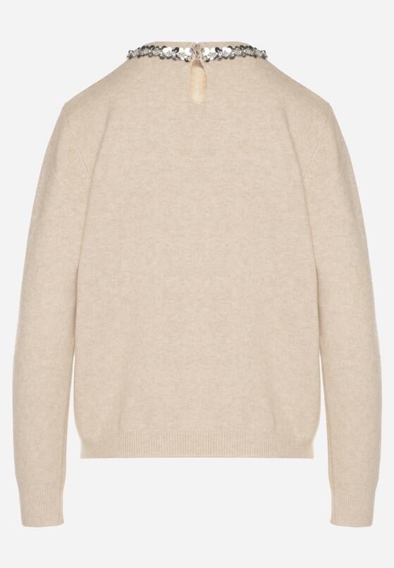 Beżowy Sweter z Dodatkiem Kaszmiru Ozdobiony Cekinami i Cyrkoniami Vetimona 7