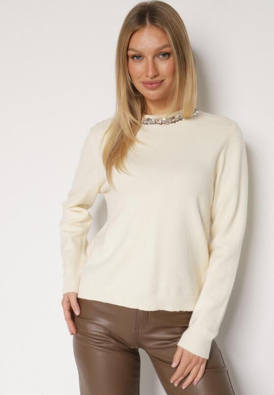 Biały Sweter z Dodatkiem Kaszmiru Ozdobiony Cekinami i Cyrkoniami Vetimona 4