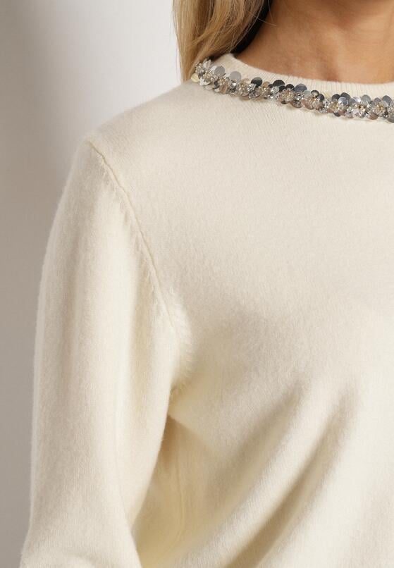 Biały Sweter z Dodatkiem Kaszmiru Ozdobiony Cekinami i Cyrkoniami Vetimona 5