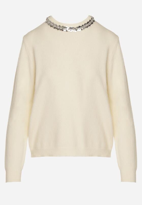 Biały Sweter z Dodatkiem Kaszmiru Ozdobiony Cekinami i Cyrkoniami Vetimona 6