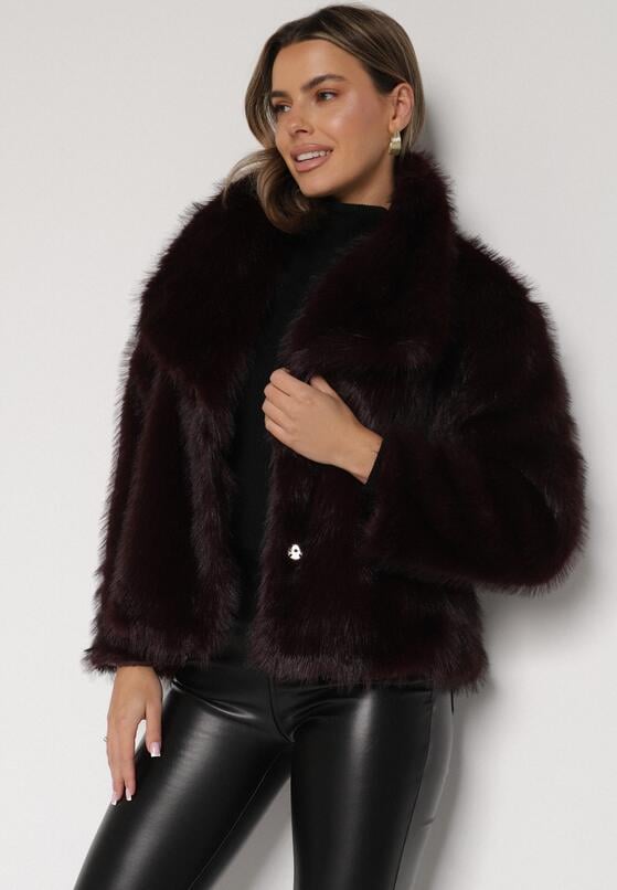 Bordowa Kurtka Futerko z Ozdobnym Kołnierzem Devrenna 4