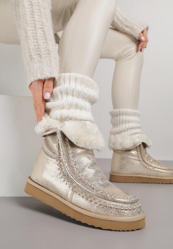 Złote Wsuwane Śniegowce z Futerkiem i Metalicznym Połyskiem Vetirena 2