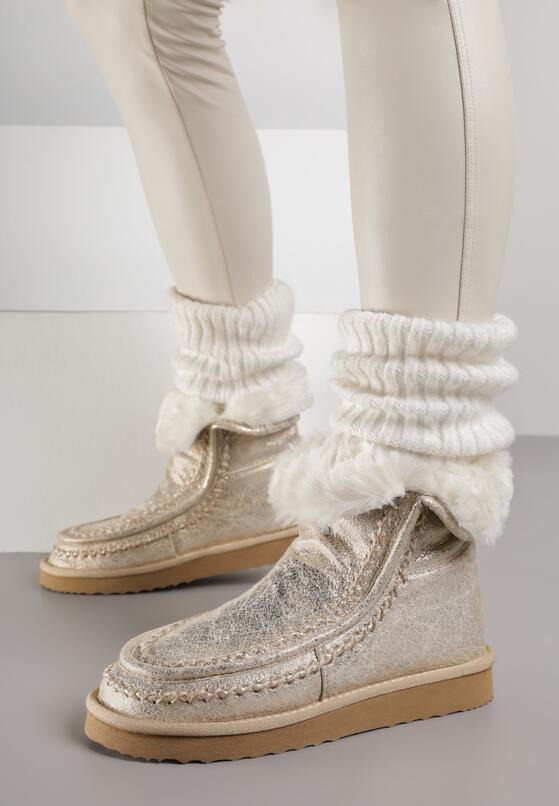 Złote Wsuwane Śniegowce z Futerkiem i Metalicznym Połyskiem Vetirena 1