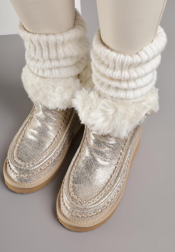 Złote Wsuwane Śniegowce z Futerkiem i Metalicznym Połyskiem Vetirena 3