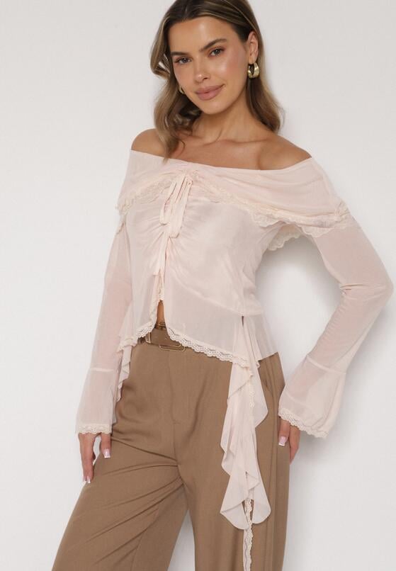 Jasnobeżowa Siateczkowa Bluzka z Bawełny i Wiskozy z Odkrytymi Ramionami Fenikka 1