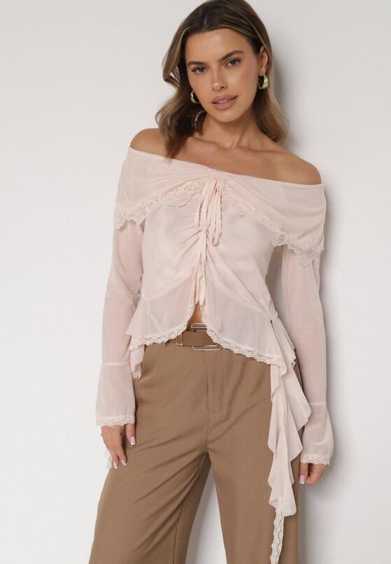 Jasnobeżowa Siateczkowa Bluzka z Bawełny i Wiskozy z Odkrytymi Ramionami Fenikka 2