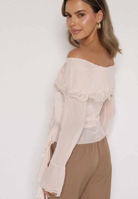 Jasnobeżowa Siateczkowa Bluzka z Bawełny i Wiskozy z Odkrytymi Ramionami Fenikka 3