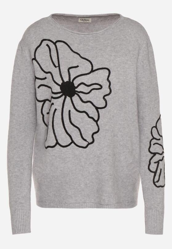 Szary Sweter Ozdobiony Haftowanymi Kwiatami Halatusea 6