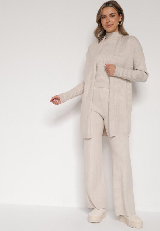 Beżowy Dzianinowy Komplet z Wiskozą Spodnie Bluzka z Półgolfem i Kardigan Vetisena 2